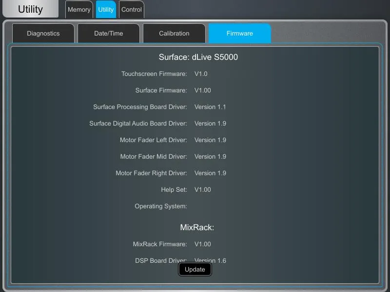 Écran Harmony UI de la dLive, page Firmware (Surface dLive S5000 affichée). Page commune à toutes les surfaces dLive, capture faite sur une S5000 (Firmware Reference Guide V2.0)