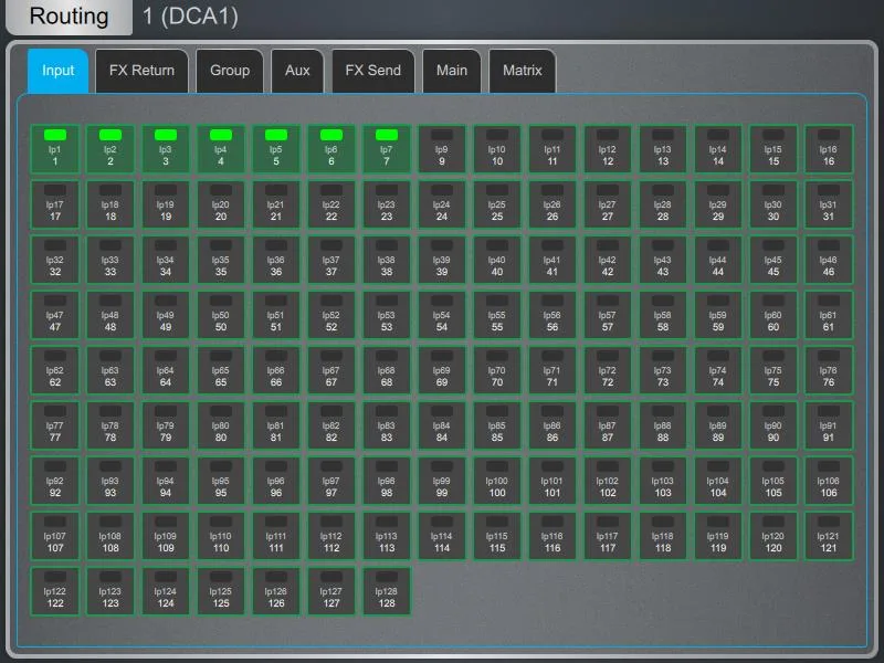 Écran Harmony UI de la dLive, page Routing, grille d'affectation des DCA. Page commune à toutes les surfaces dLive (Firmware Reference Guide V2.0)