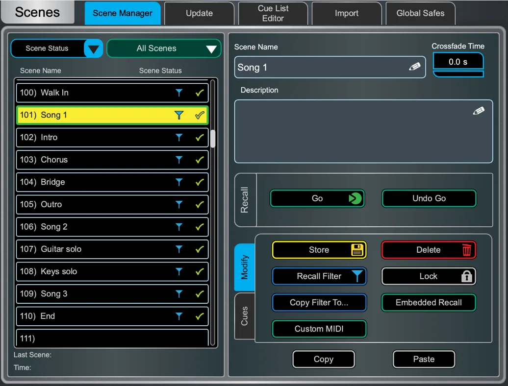 Écran Harmony UI de la dLive, page Scene Manager. Page commune à toutes les surfaces dLive (Firmware Reference Guide V2.0)