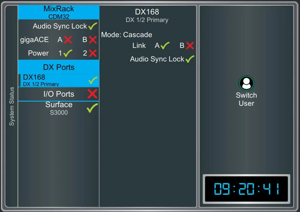Écran Harmony UI de la dLive, page Home et état système (Surface S3000 affichée). Page commune à toutes les surfaces dLive (Firmware Reference Guide V2.0)