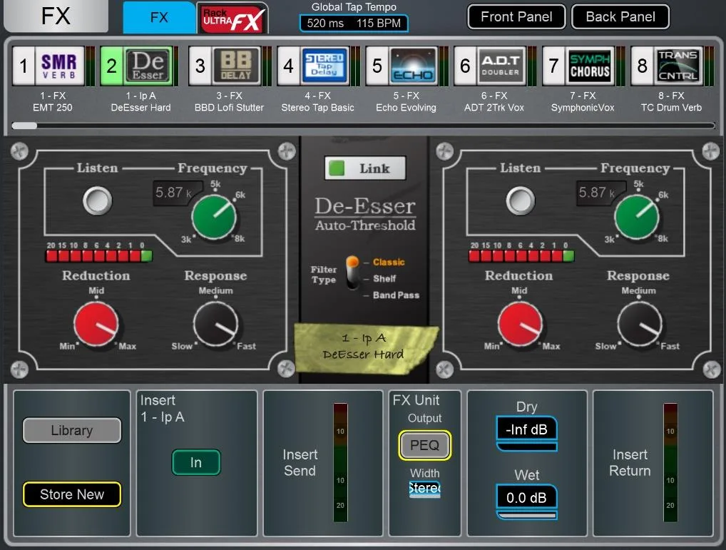 Écran Harmony UI de la dLive, page rack FX, De-Esser. Page commune à toutes les surfaces dLive (Firmware Reference Guide V2.0)