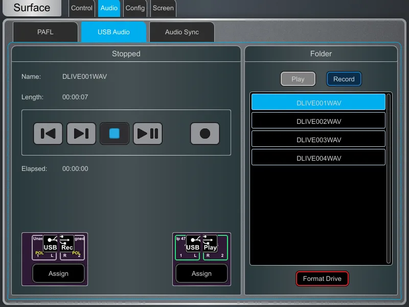 Écran Harmony UI de la dLive, page USB Audio. Page commune à toutes les surfaces dLive (Firmware Reference Guide V2.0)