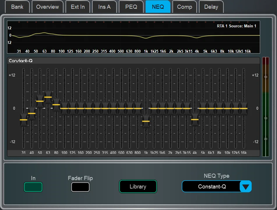 Écran Harmony UI de la dLive, page EQ graphique Constant-Q. Page commune à toutes les surfaces dLive (Firmware Reference Guide V2.0)
