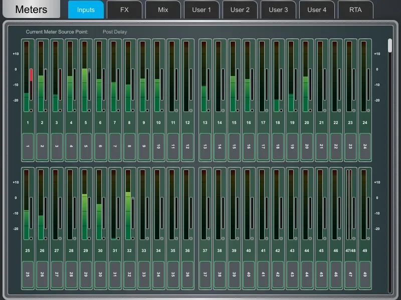 Écran Harmony UI de la dLive, page Meters. Page commune à toutes les surfaces dLive (Firmware Reference Guide V2.0)