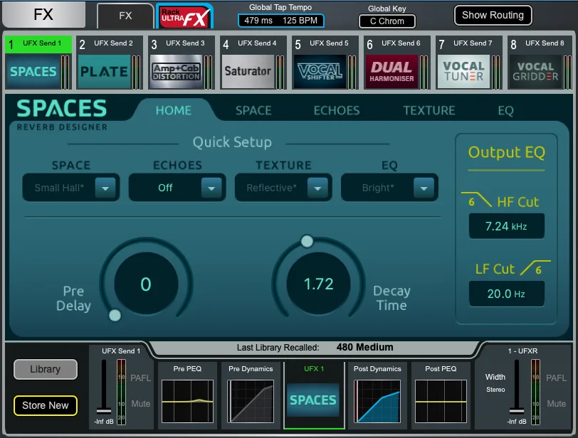 Écran Harmony UI de la dLive, page RackUltra FX Spaces. Page commune à toutes les surfaces dLive (Firmware Reference Guide V2.0)