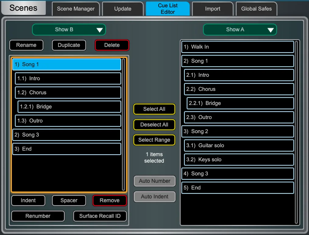 Écran Harmony UI de la dLive, page Cue List Editor. Page commune à toutes les surfaces dLive (Firmware Reference Guide V2.0)