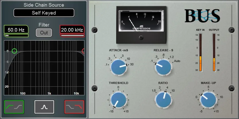 Écran Harmony UI de la dLive, page compresseur de bus DEEP. Page commune à toutes les surfaces dLive (Firmware Reference Guide V2.0)