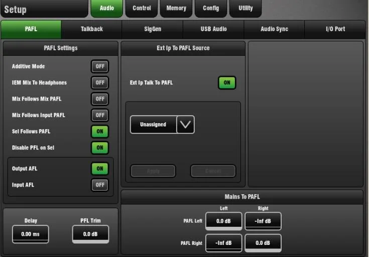 GLD-112 touch screen, Setup, PAFL settings, firmware V1.5 (screenshot taken on a GLD-80, same software on the GLD-112)