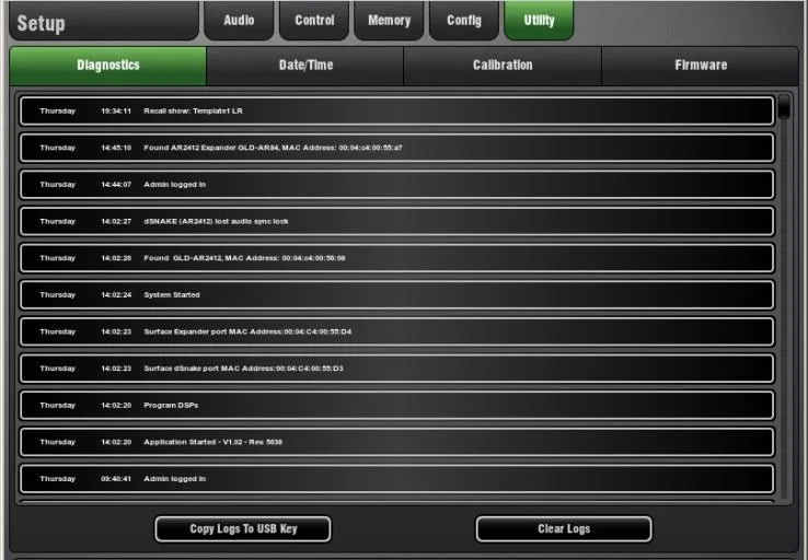 GLD-112 touch screen, Setup, diagnostics, firmware V1.5 (screenshot taken on a GLD-80, same software on the GLD-112)