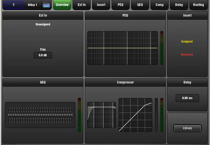 GLD-112 touch screen, mix master Overview, firmware V1.5 (screenshot taken on a GLD-80, same software on the GLD-112)