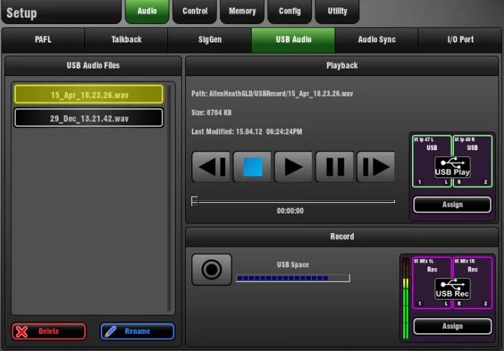 GLD-112 touch screen, Setup, USB audio playback and recording, firmware V1.5 (screenshot taken on a GLD-80, same software on the GLD-112)
