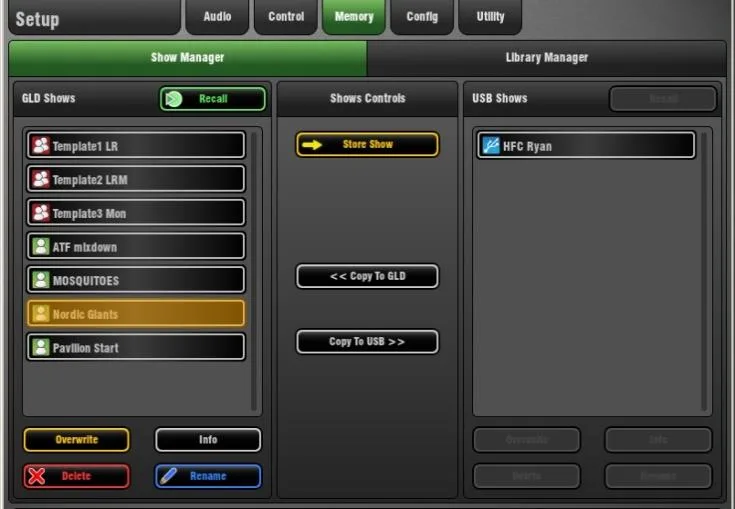 GLD-80 touch screen, Setup, Show Manager, firmware V1.5