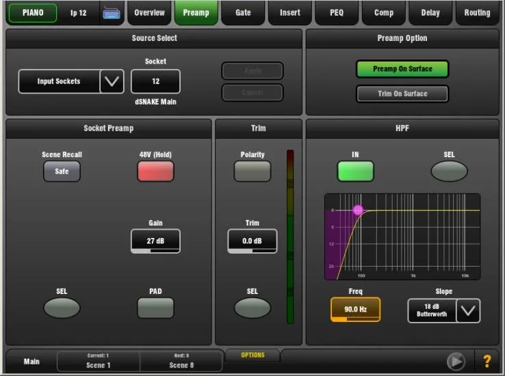 GLD-80 touch screen, Preamp: source, gain, phantom, trim and high-pass filter, firmware V1.5