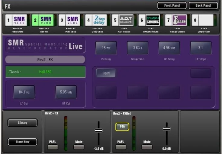 GLD-80 touch screen, FX rack, front panel view, firmware V1.5