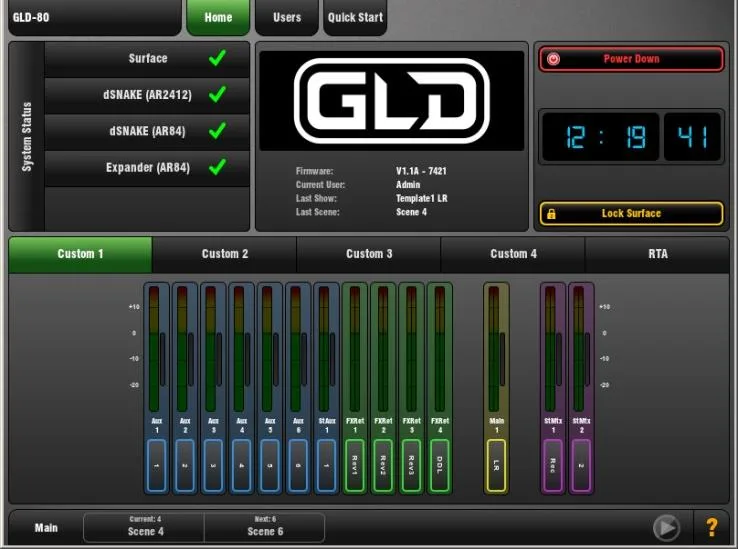 GLD-80 touch screen, Home page with system status and meters, firmware V1.5