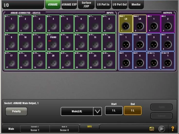 GLD-80 touch screen, I/O, dSNAKE input and output patching, firmware V1.5