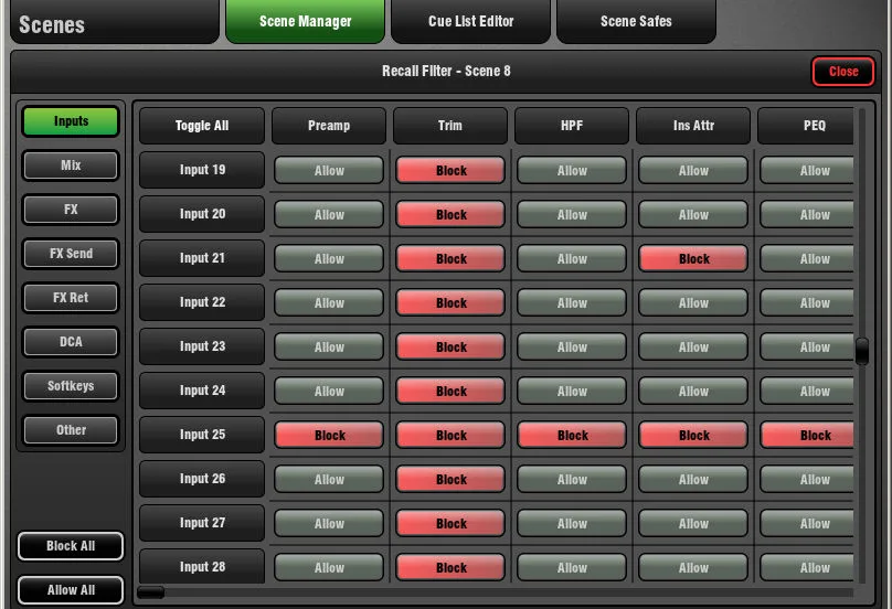 GLD-80 touch screen, Scenes, recall filter, firmware V1.5