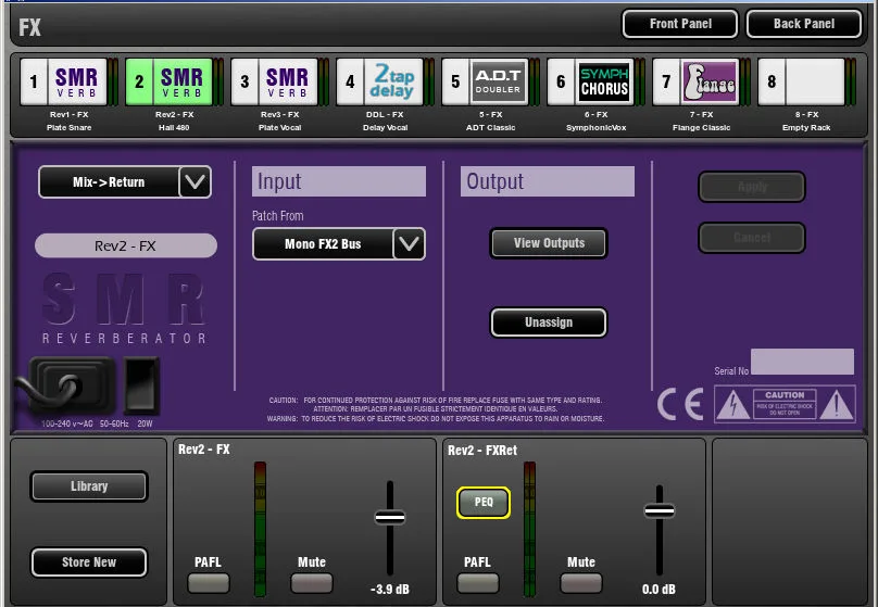 GLD-80 touch screen, FX rack, back panel view (patching), firmware V1.5
