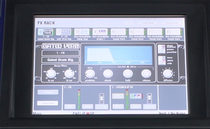 The iLive-R72's touchscreen on the FX Rack view: eight effect slots along the top, the Gated Verb editor in the middle with its envelope curve and predelay, attack, hold and release controls, and the effect returns below.