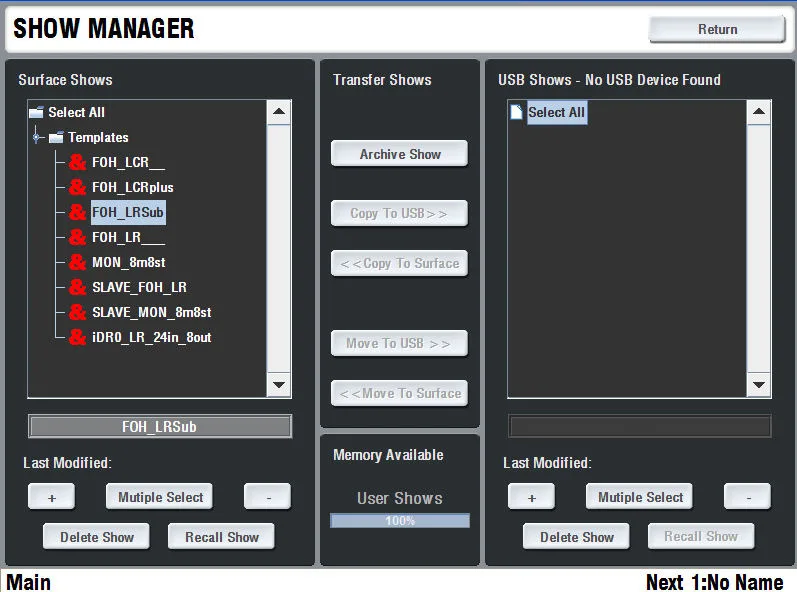 iLive-T112, écran tactile, Show Manager, gestion des shows (capture du guide iLive Fixed Format, commune aux T80, T112 et R72)