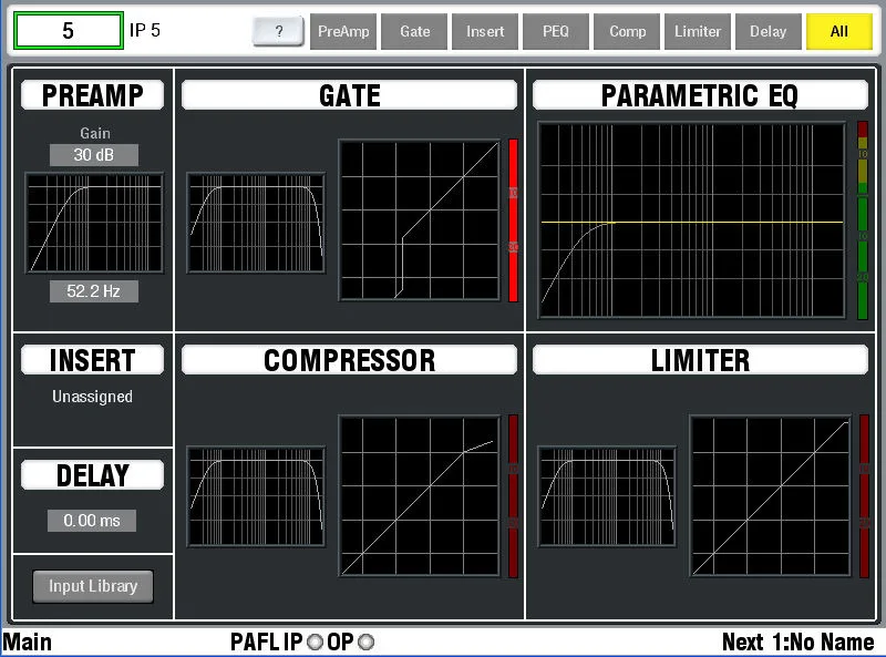iLive-T112, écran tactile, vue Processing du canal : préampli, gate, EQ, insert, compresseur, limiteur, delay (capture du guide iLive Fixed Format, commune aux T80, T112 et R72)