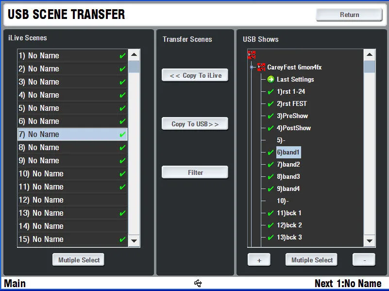 iLive-T80, écran tactile, USB Scene Transfer, transfert des scènes par clé USB (capture du guide iLive Fixed Format, commune aux T80, T112 et R72)