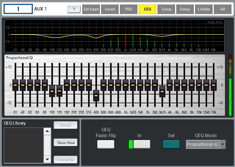 iLive-T80, écran tactile, GEQ, égaliseur graphique sur un aux (capture du guide iLive Fixed Format, commune aux T80, T112 et R72)