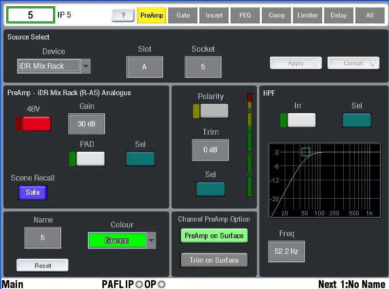 iLive-T80, écran tactile, PreAmp, source, gain, phantom, pad et filtre passe-haut (capture du guide iLive Fixed Format, commune aux T80, T112 et R72)