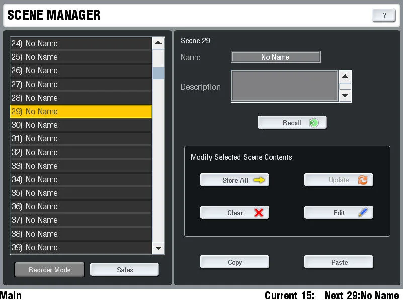 iLive-T80, écran tactile, Scene Manager (capture du guide iLive Fixed Format, commune aux T80, T112 et R72)