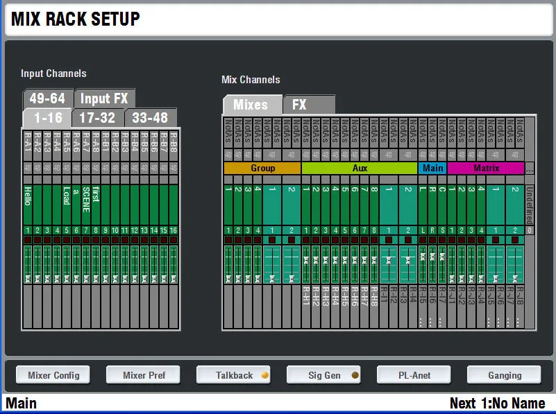 iLive-T80, écran tactile, Mix Rack Setup, configuration des canaux d'entrée et de mix (capture du guide iLive Fixed Format, commune aux T80, T112 et R72)
