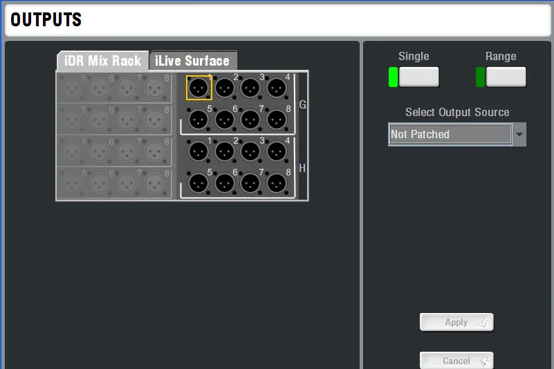 iLive-T80, écran tactile, Outputs, patch des sorties du MixRack et de la surface (capture du guide iLive Fixed Format, commune aux T80, T112 et R72)