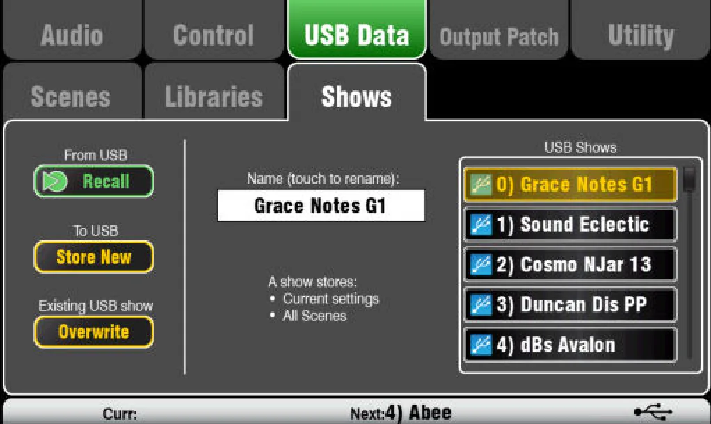 Écran tactile Qu : gestion des Shows (firmware V1.9)