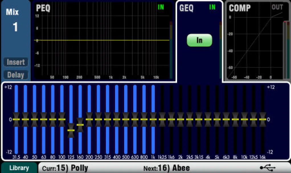 Écran tactile Qu : GEQ en mode Fader Flip (firmware V1.9)