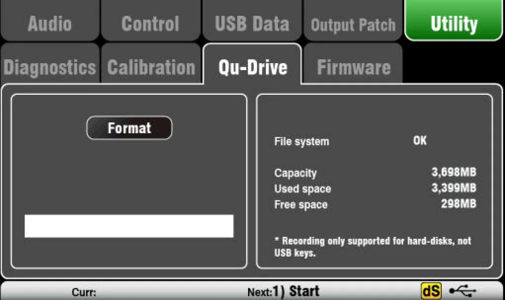 Écran tactile Qu : formatage du Qu-Drive (firmware V1.9)