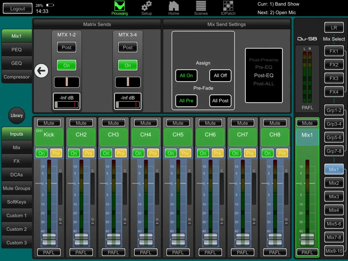 Qu-Pad : routage des Mix et envois Matrix (capture faite sur une Qu-SB, même application pour toute la gamme Qu)