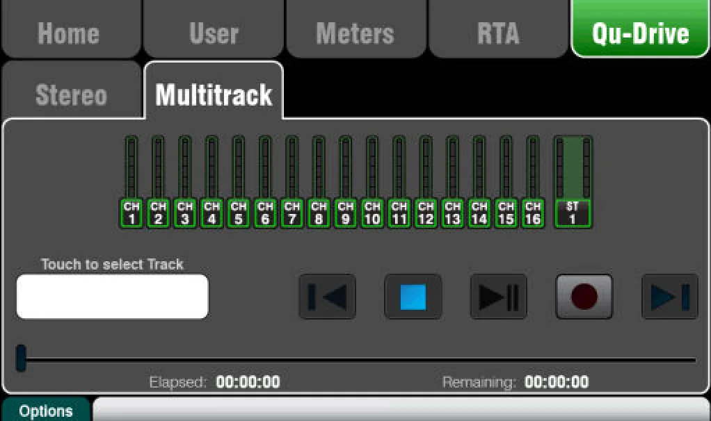 Écran tactile Qu : Qu-Drive en multipiste (18 pistes, capture sur Qu-16) (firmware V1.9)