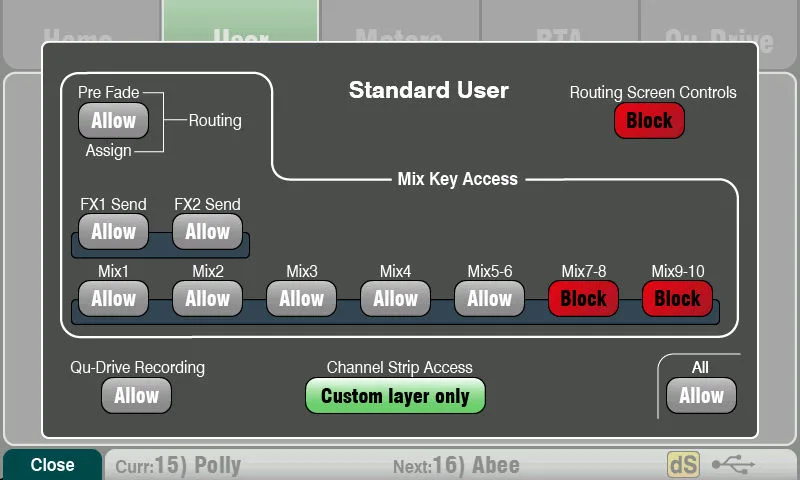 Écran tactile Qu : permissions utilisateurs (firmware V1.9)