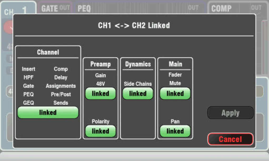 Écran tactile Qu : liaison de canaux (stéréo link et options) (firmware V1.9)