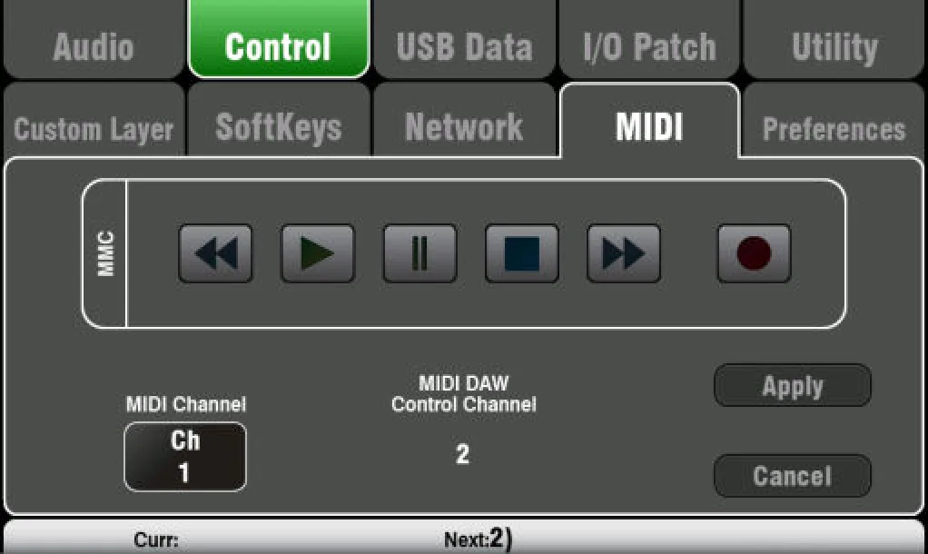 Écran tactile Qu : réglages MIDI (firmware V1.9)