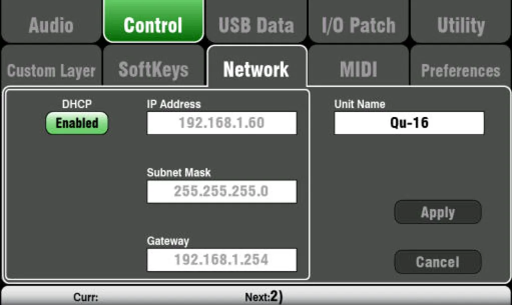 Écran tactile Qu : réglages réseau (capture sur Qu-16) (firmware V1.9)