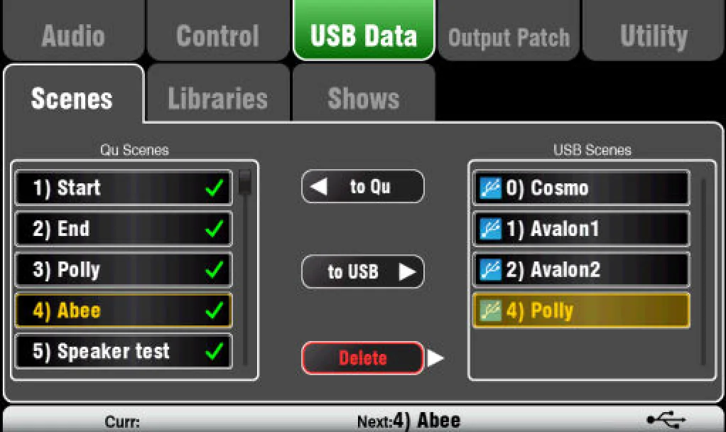 Écran tactile Qu : transfert de scènes par USB (firmware V1.9)