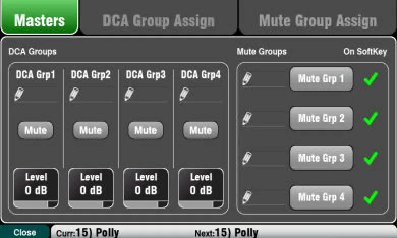 Écran tactile Qu : masters DCA et Mute Groups (firmware V1.9)