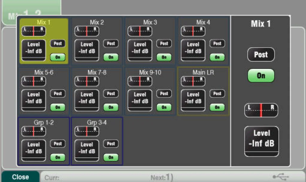 Écran tactile Qu : vue d'ensemble du routage des Mix avec groupes, capture sur Qu-24/Qu-32 (firmware V1.9)