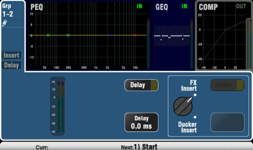 Écran tactile Qu : traitement d'un groupe stéréo Grp1-2, capture sur Qu-24/Qu-32 (firmware V1.9)