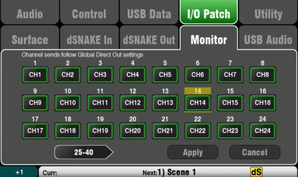 Écran tactile Qu : réglages de monitoring, capture sur Qu-24/Qu-32 (firmware V1.9)