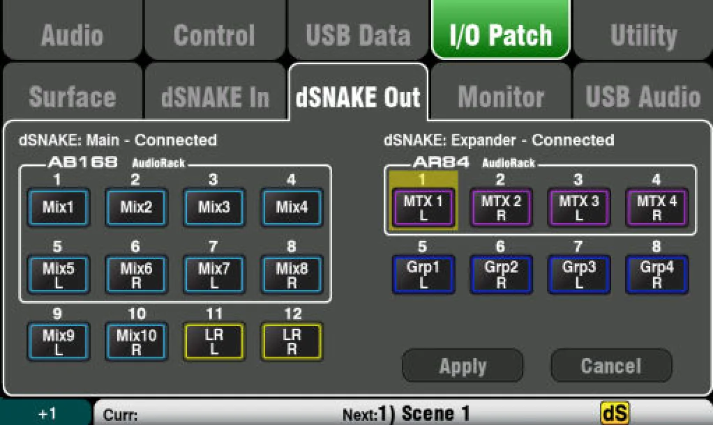 Écran tactile Qu : patch des sorties dSNAKE, capture sur Qu-24/Qu-32 (firmware V1.9)