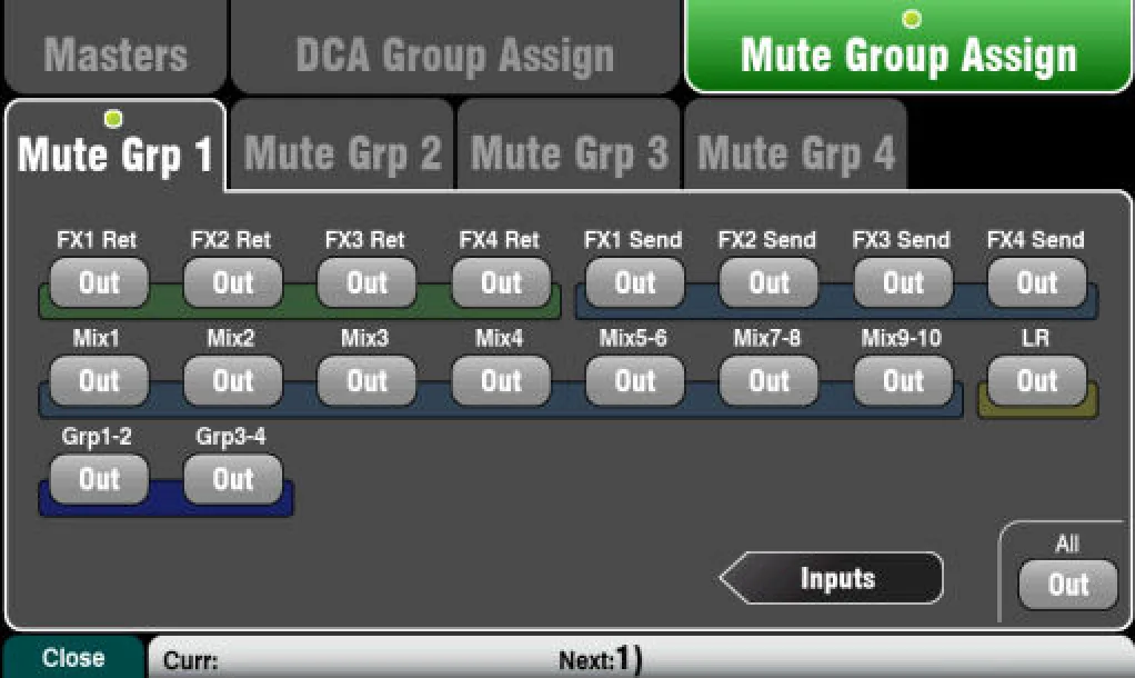 Écran tactile Qu : assignation des Mute Groups depuis le master, capture sur Qu-24/Qu-32 (firmware V1.9)