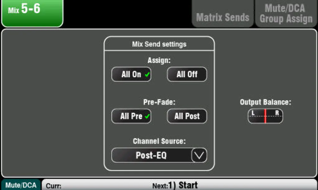 Écran tactile Qu : envois Matrix et réglages des envois Mix, capture sur Qu-24/Qu-32 (firmware V1.9)