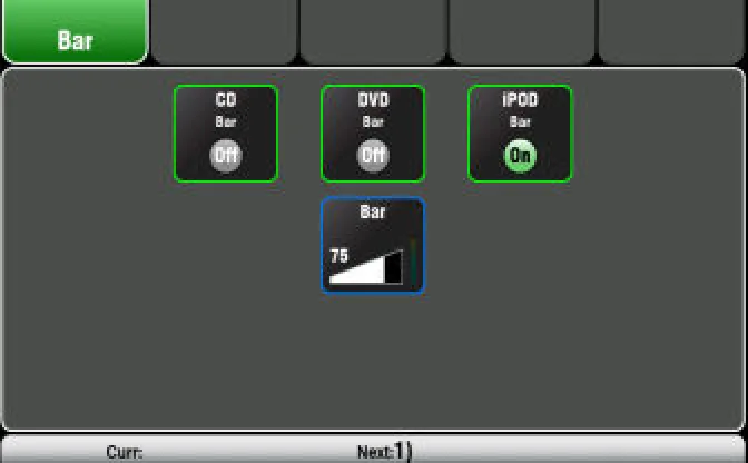 Écran Qu-Control de la Qu-Pac : page personnalisée simple pour un utilisateur de base (sources et niveau d'un bar) (agrandi x2)