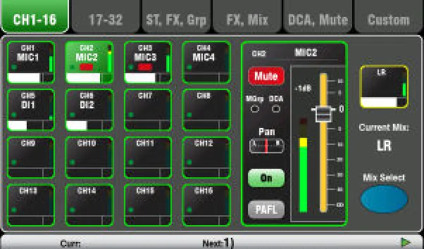Écran tactile de la Qu-Pac : écran Channel, la tranche de fader virtuelle qui remplace les faders physiques, avec grille de sélection des canaux, pan, PAFL et sélection du Mix (agrandi x2)